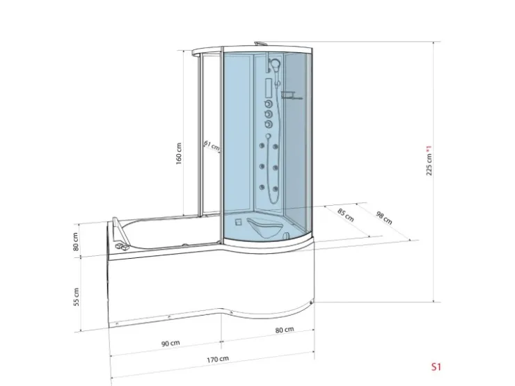 New Kombination Badewanne Dusche K55-R31 Duschtempel 100x170 Einhebelmischer