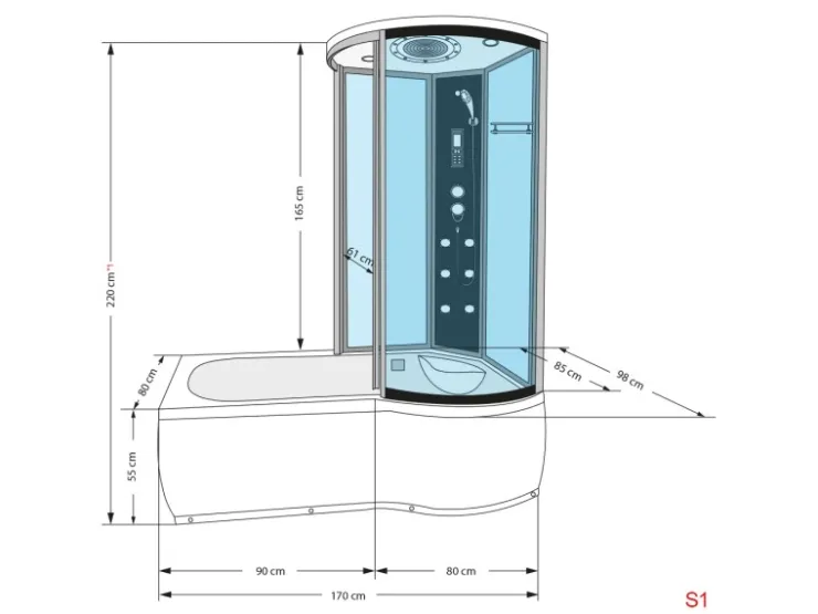 Clearance AcquaVapore Kombination Whirlpool Dusche K55-L01-WP Duschkabine Wanne 170x100