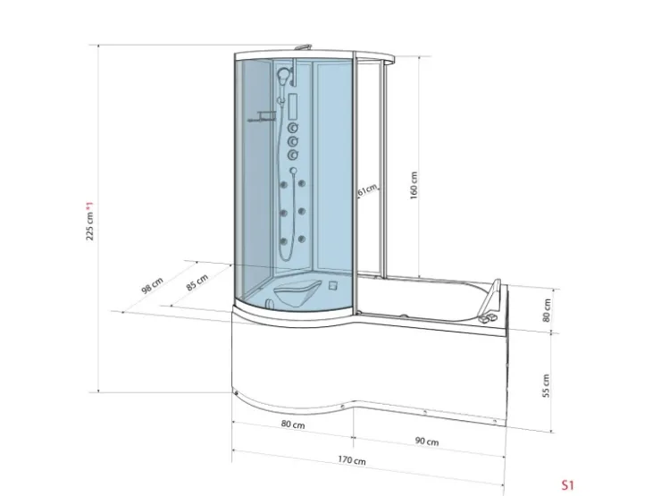Sale Kombination Whirlpool Dusche K50-L30-WP Duschkabine Wanne 170x100 Einhebelmischer