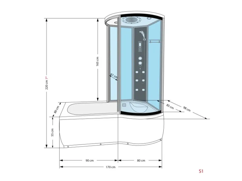 Sale Kombination Whirlpool Dusche K55-L33-WP-EC Duschkabine Wanne 170x100 Einhebelmischer
