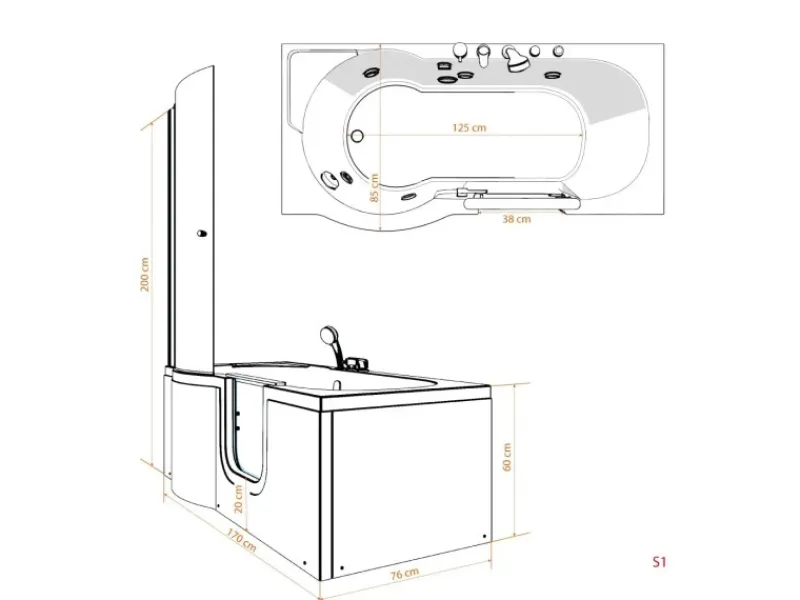 Outlet Seniorendusche und Wanne mit Whirlpool S12D-EH-WP-R Dusche 85x170 Einhebelmischer