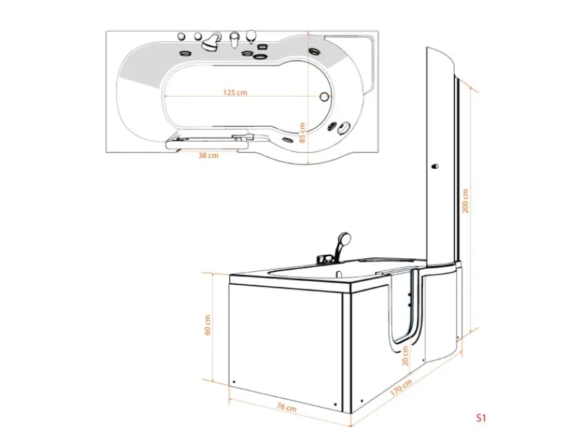 Clearance Seniorendusche und Badewanne mit Tür S12D-TH-L Dusche 170x85 Einhebelmischer