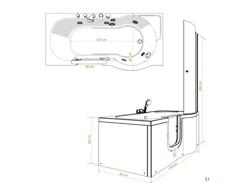 Online Seniorendusche und Wanne mit Whirlpool S12D-TH-AIR-L-EC Dusche 170x8 Einhebelmischer