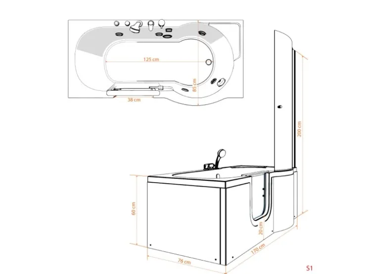 AcquaVapore Einhebelmischer<Seniorendusche und Wanne mit Whirlpool S12D-EH-AIR-L-EC Dusche 170x8