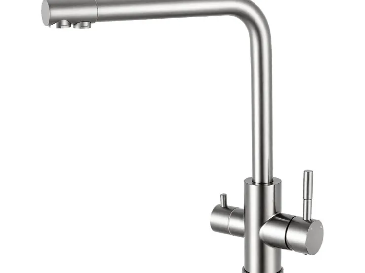 New AICA Wasserhahn Silber Küche Spültischarmatur 3-Wege mit Trinkwasserfilter 2-Hebel Design für Doppelspülen 360° Schwenkbar Silber Gebürstet