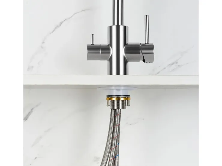 New AICA Wasserhahn Silber Küche Spültischarmatur 3-Wege mit Trinkwasserfilter 2-Hebel Design für Doppelspülen 360° Schwenkbar Silber Gebürstet