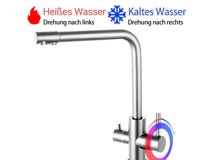 New AICA Wasserhahn Silber Küche Spültischarmatur 3-Wege mit Trinkwasserfilter 2-Hebel Design für Doppelspülen 360° Schwenkbar Silber Gebürstet