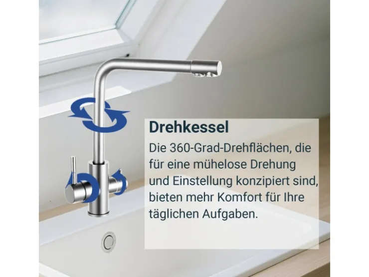 New AICA Wasserhahn Silber Küche Spültischarmatur 3-Wege mit Trinkwasserfilter 2-Hebel Design für Doppelspülen 360° Schwenkbar Silber Gebürstet