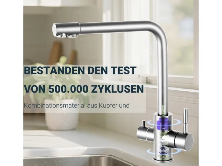New AICA Wasserhahn Silber Küche Spültischarmatur 3-Wege mit Trinkwasserfilter 2-Hebel Design für Doppelspülen 360° Schwenkbar Silber Gebürstet