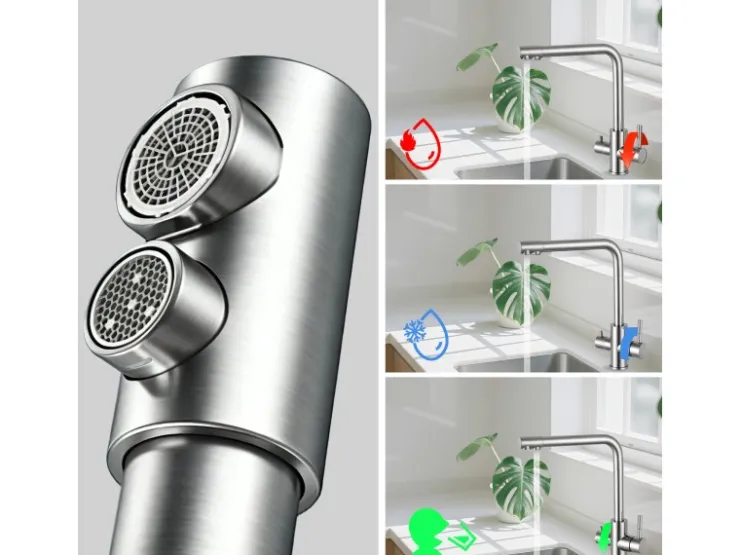 New AICA Wasserhahn Silber Küche Spültischarmatur 3-Wege mit Trinkwasserfilter 2-Hebel Design für Doppelspülen 360° Schwenkbar Silber Gebürstet