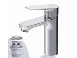 Einhebelmischer<AM.PM Waschtischarmatur mit Klick-Ablaufgarnitur, Waschbecken Armatur, Mischbatterie FTA82100 Hit S-Größe Chrom