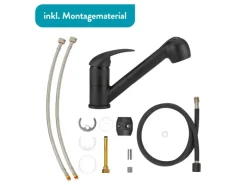 Clearance Küchenarmatur mit Wasserspareinsatz & Geschirrbrause KI-1521 Schwarz Matt Einhebelmischer