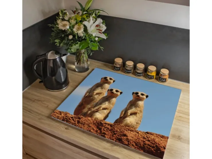 Banjado Schneidebretter|Herdabdeckungen<Herdabdeckplatte Glas 1 Teilig 60x52CM Schneidebrett Herdabdeckung Mit Motiv Erdmännchenfamilie