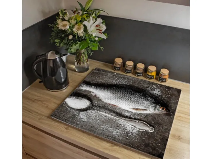 Banjado Schneidebretter|Herdabdeckungen<Herdabdeckplatte Glas 1 Teilig 60x52CM Schneidebrett Herdabdeckung Mit Motiv Fisch Und Salz
