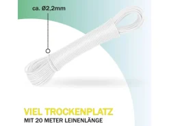 New Wäscheleine 20 Meter x 2,2 mm Weiß Wäschetrockner