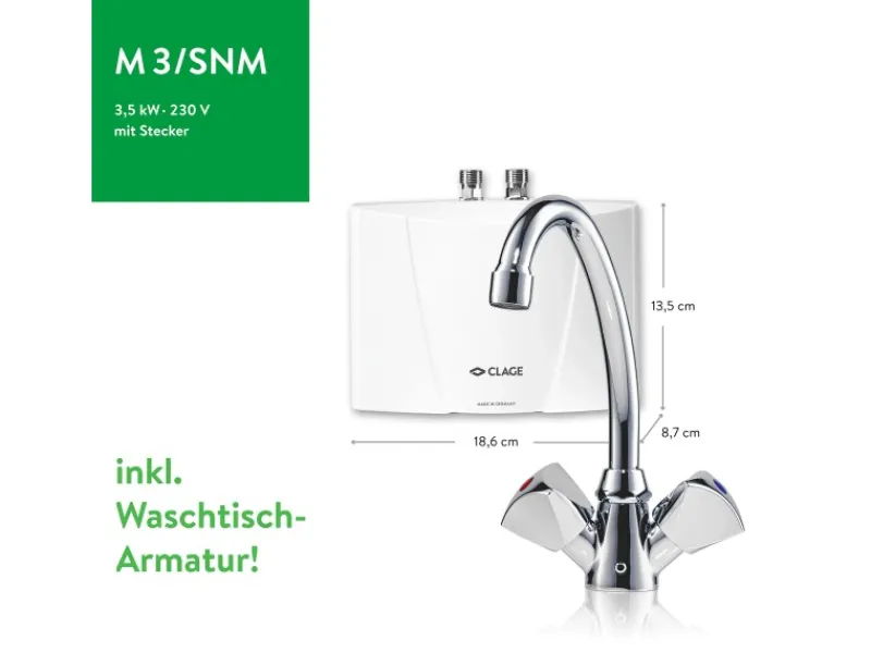 Kleindurchlauferhitzer M3/SNM inkl. Armatur Hydraulisch 3,5 kW Durchlauferhitzer|Einhebelmischer