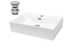 ECD Germany Einhebelmischer<Waschbecken 605x365x130 mm Keramik Eckig Weiß inkl Ablaufgarnitur