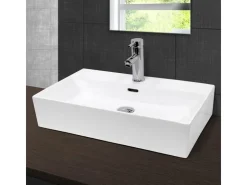 ECD Germany Einhebelmischer<Waschbecken 605x365x130 mm Keramik Eckig Weiß inkl Ablaufgarnitur