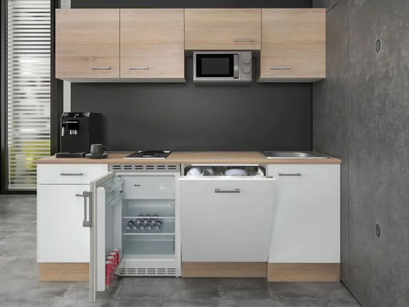Sale Büroküche Florida 210 cm Weiß-Sonoma Eiche Kochfelder|Kühlschränke