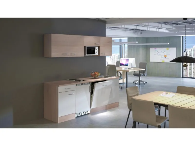 Sale Büroküche Florida 210 cm Weiß-Sonoma Eiche Kochfelder|Kühlschränke