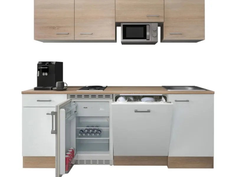 Sale Büroküche Florida 210 cm Weiß-Sonoma Eiche Kochfelder|Kühlschränke