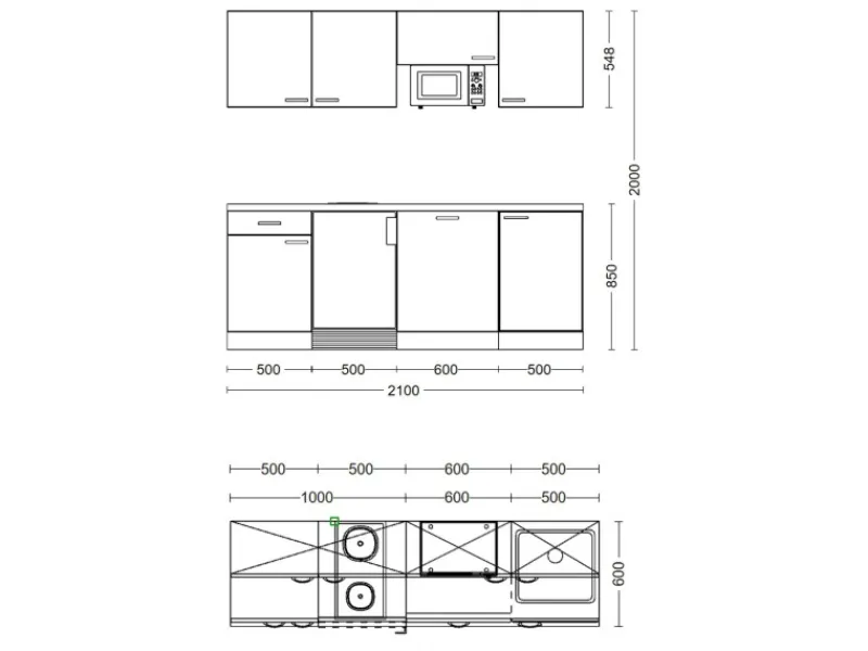 Sale Büroküche Florida 210 cm Weiß-Sonoma Eiche Kochfelder|Kühlschränke