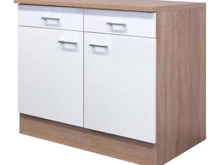 Flex-Well Classic Einbauküchen<Küchen-Unterschrank Florida 100 cm Weiß-Sonoma Eiche