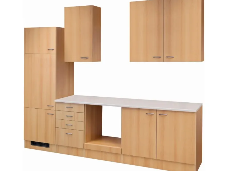 Outlet Küchenzeile Nano 270 cm ohne E-Geräte Buche Nachbildung Kühlschränke|Einbauküchen