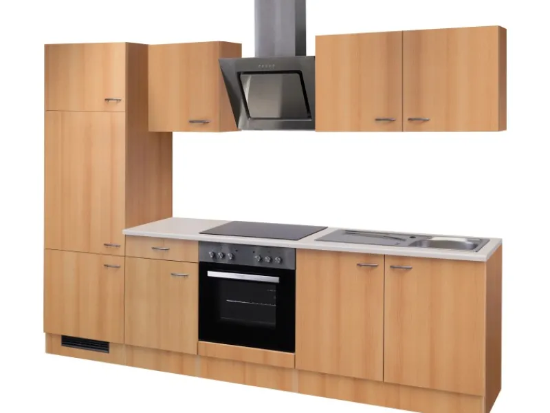 Clearance Küchenzeile Nano 270 cm Buche Nachbildung Kühlschränke