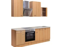 Discount Küchenzeile Nano 220 cm Buche Nachbildung Kochfelder|Kühlschränke