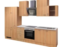 Sale Küchenzeile Nano 310 cm mit Apothekerschrank Buche Kühlschränke