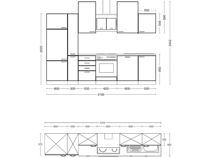 Sale Küchenzeile Nano 310 cm mit Apothekerschrank Buche Kühlschränke