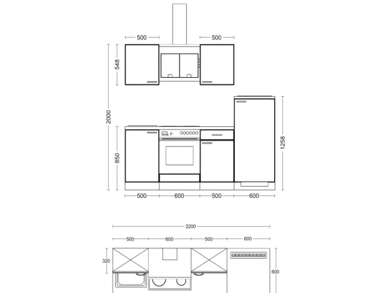 Online Küchenzeile Lucca 220 cm Weiß matt - Caledonia Einbauküchen|Kochfelder