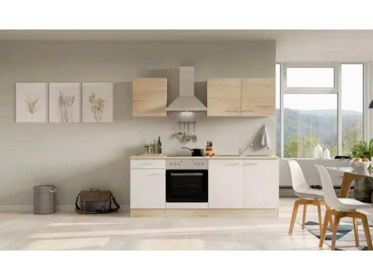 Flex-Well Classic Einbauküchen|Kochfelder<Küchenzeile Florida 210 cm Weiß - Sonoma Eiche