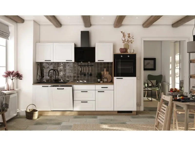 Discount Küche Julia 280 cm ohne E-Geräte Weiß matt-Cosmopolitan Eiche Landhausküchen