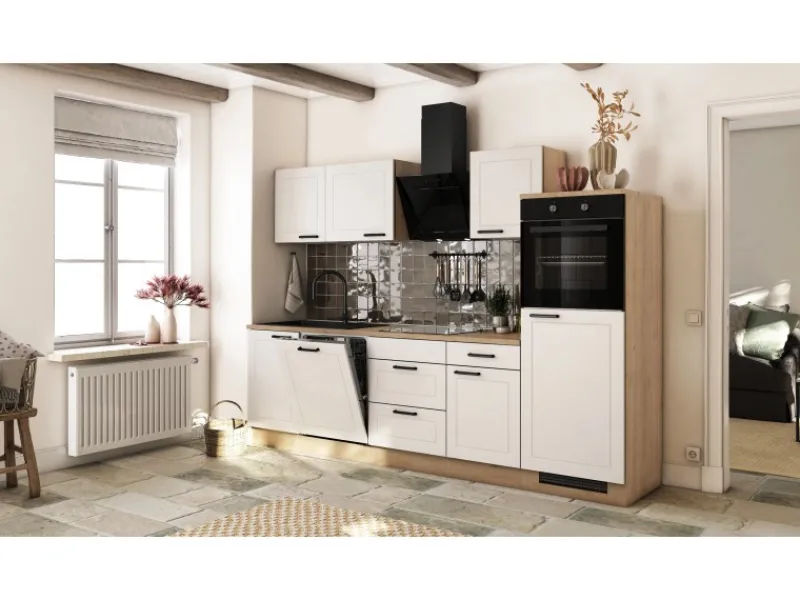 Discount Küche Julia 280 cm ohne E-Geräte Weiß matt-Cosmopolitan Eiche Landhausküchen
