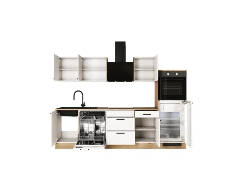 Discount Küche Julia 280 cm ohne E-Geräte Weiß matt-Cosmopolitan Eiche Landhausküchen
