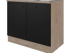 Sale Küchen-Spülenunterschrank Capri 100cm Schwarz Matt-Endgrain Küchenschränke