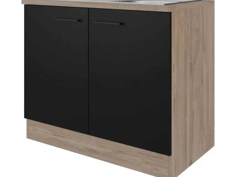 Sale Küchen-Spülenunterschrank Capri 100cm Schwarz Matt-Endgrain Küchenschränke