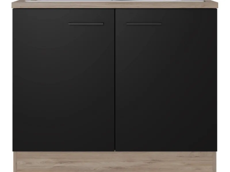 Sale Küchen-Spülenunterschrank Capri 100cm Schwarz Matt-Endgrain Küchenschränke