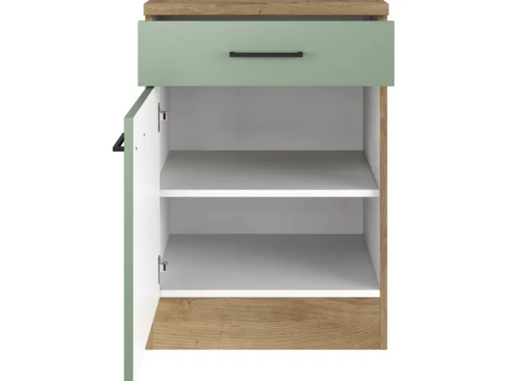 Flex-Well Exclusiv Pantryküchen|Einbauküchen<Küchen-Unterschrank Cara 60cm Schilfgrün matt - Artisan Eiche