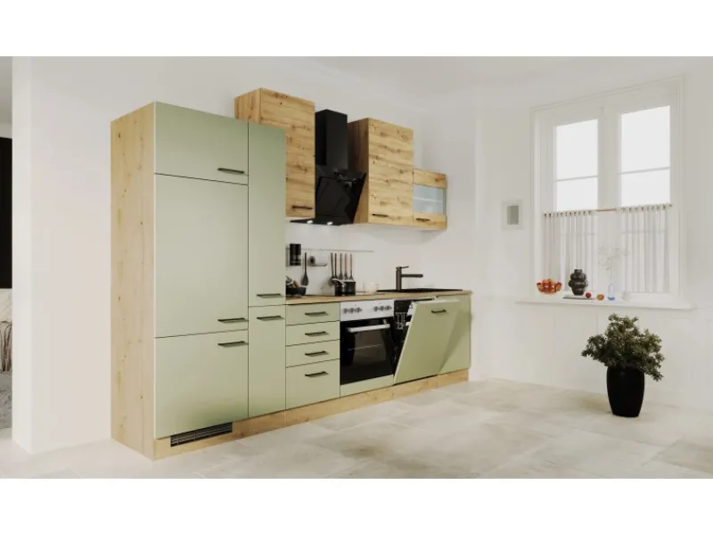 Sale Küchenzeile Cara 310 cm Schilfgrün matt - Artisan Eiche Einbauküchen