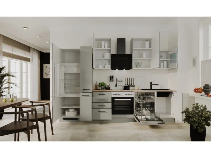 Outlet Flex-Well Exclusiv Küchenzeile Lund 310 cm Lichtgrau glänzend-Rauchgrau