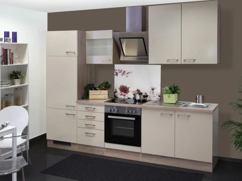 Discount Küchenzeile Orlando 270 cm Kaschmir Glanz-Sonoma Eiche Gefrierschränke|Kühlschränke