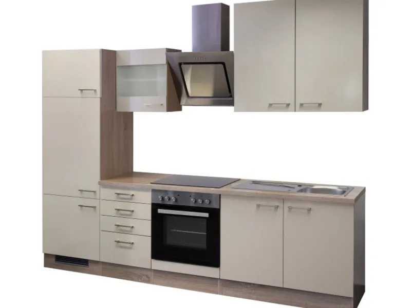 Discount Küchenzeile Orlando 270 cm Kaschmir Glanz-Sonoma Eiche Gefrierschränke|Kühlschränke