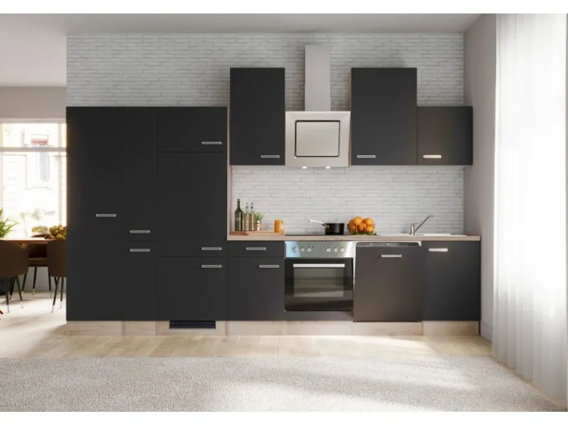 Clearance Küchenzeile Lara 360 cm Anthrazit - San Remo Eiche Gefrierschränke|Kochfelder