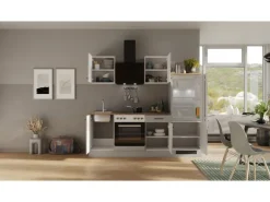 Outlet Küchenzeile 1706-005 Lund 220 cm Lichtgrau glänzend-Rauchgrau Herde|Kühlschränke