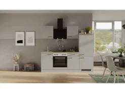 Outlet Küchenzeile 1706-005 Lund 220 cm Lichtgrau glänzend-Rauchgrau Herde|Kühlschränke