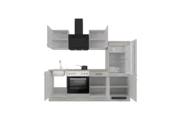 Outlet Küchenzeile 1706-005 Lund 220 cm Lichtgrau glänzend-Rauchgrau Herde|Kühlschränke