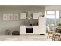 Outlet Küchenzeile Valero 220 cm Hochglanz Weiß - Sonoma Eiche Herde|Kochfelder